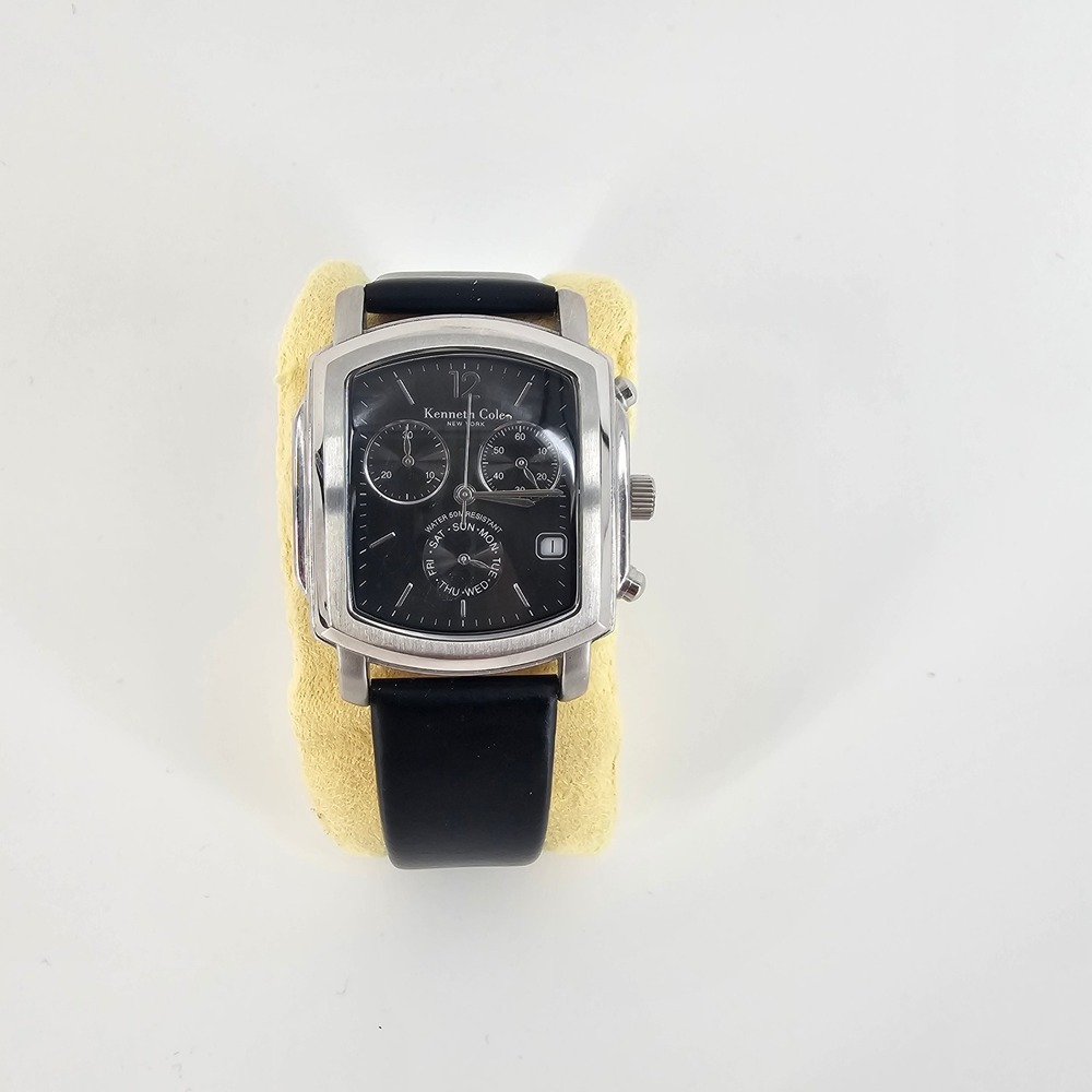 Kenneth Cole Watch Mens Black Leather Square Chronograph Dressy Modern Stainless